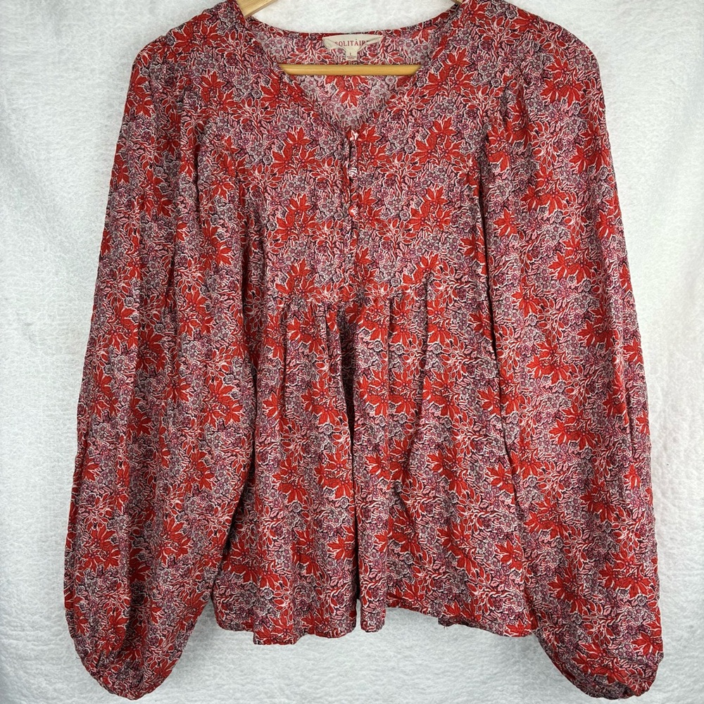 Solitaire Rust Orange Floral Peasant Blouse Balloon Sleeve Boho Top Size L Flaw - Picture 3 of 7
